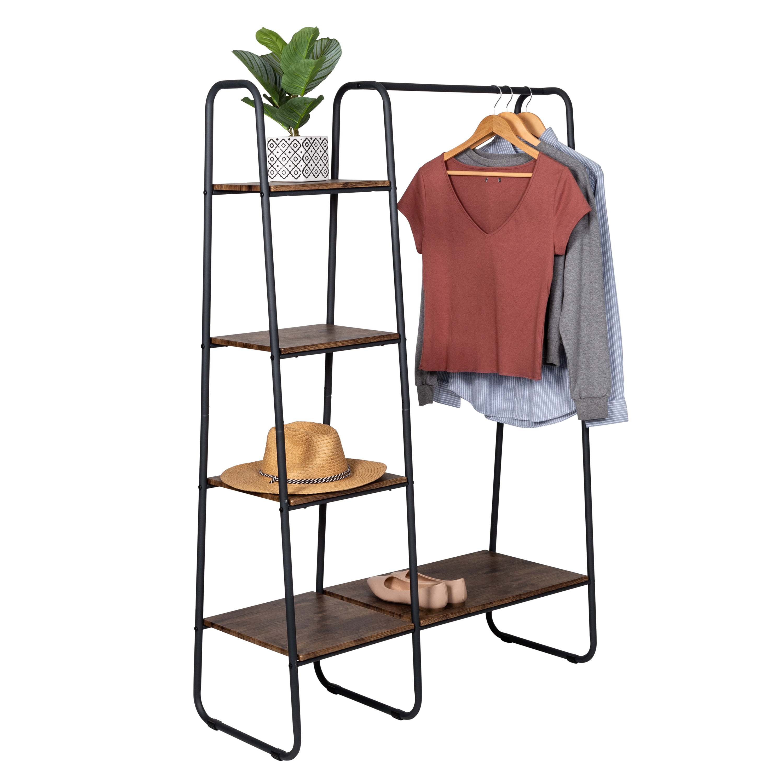 Honey Can Do Freestanding Metal Clothing Rack with Wood Shelves Black Natural Walmart