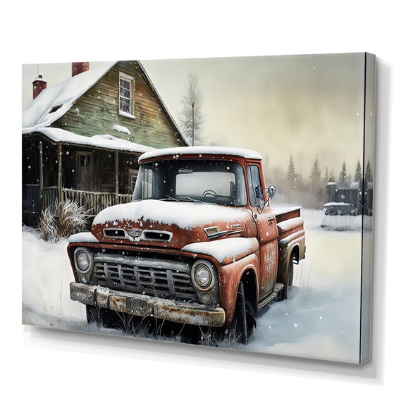 Designart Old Truck At The Barn In Winter II Canvas Wall Art