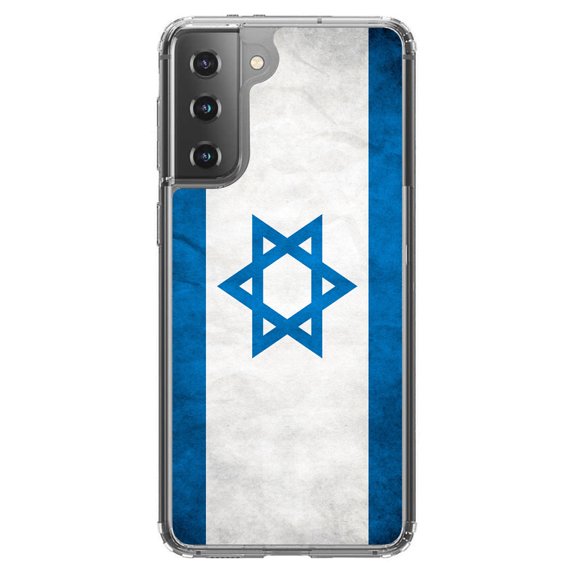 DistinctInk Clear Shockproof Hybrid Case for Galaxy S21 5G (6.2" Screen) - TPU Bumper, Acrylic Back, Tempered Glass Screen Protector - Israel Israeli Old Flag - Love of Israel