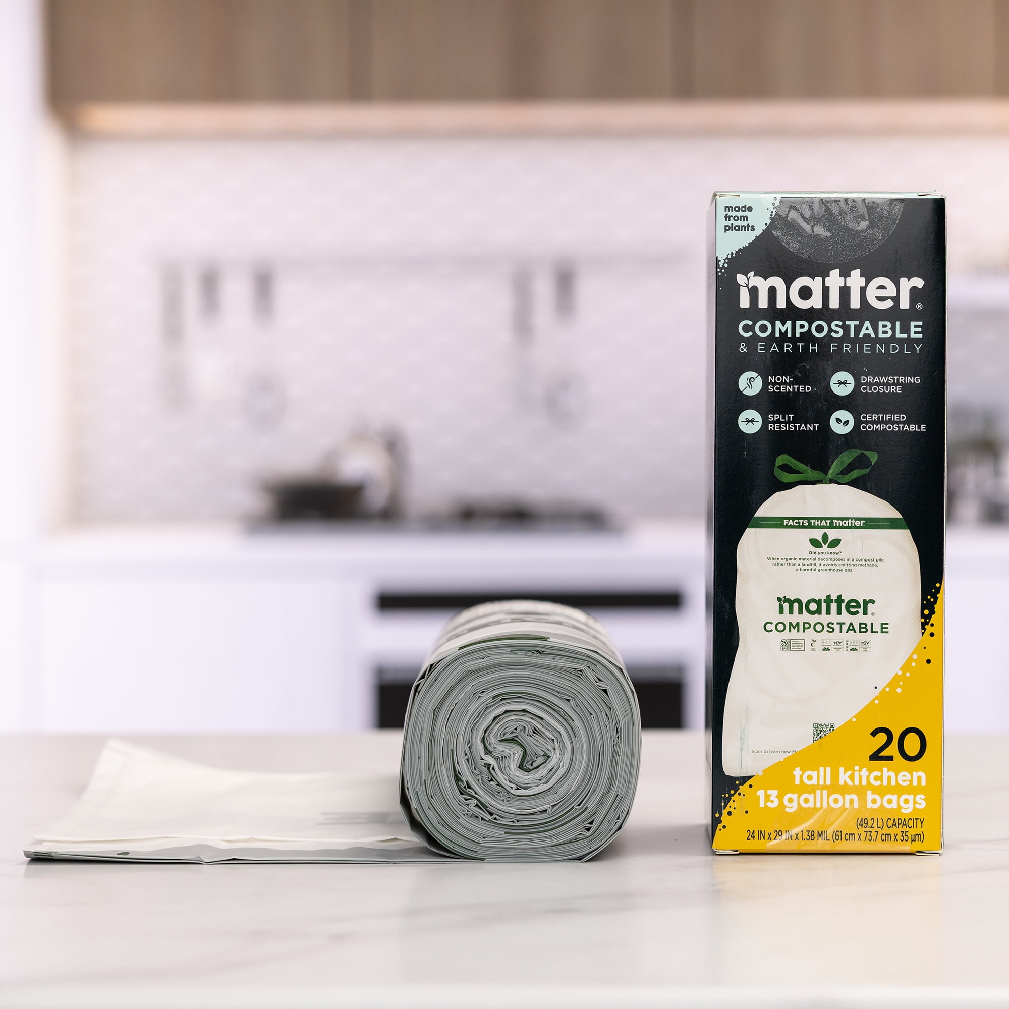 (4 pack) Matter Compostable 13-Gallon Tall Kitchen Trash Bags with Drawstring, 20 Count