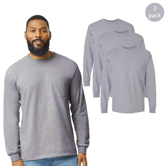 Gildan Sport Grey Pocket T-Shirt, Durable Long Sleeve Classic Shirt for Men, 3 Pack, S