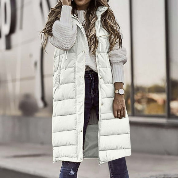 lcziwo Long Puffer Vest for Women with Hood Sleeveless Puffer Jacket Lightweight Down Vest Full Zip Winter Quilted Vest 2024 White,XXXL