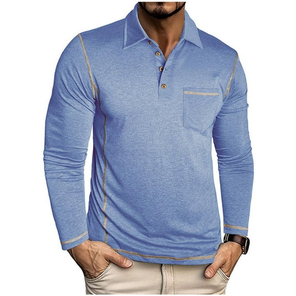 Mens Fashion Polo Shirts Cotton Classic Long Sleeve Basic Button Tees Stylish Tops Collared Golf Shirts with Pocket