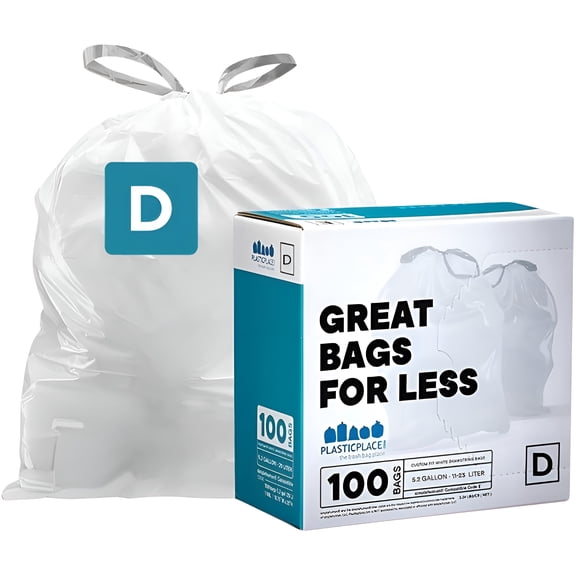 Plasticplace Custom Fit Trash Bags, Compatible with simplehuman Code D (100 Count) White Drawstring Garbage Liners 5.3 Gallon / 20 Liter, 15.75" x 28"