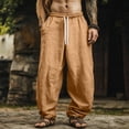 thumbnail image 4 of Domuza Mens Casual Linen Pants Loose Fit Elastic Drawstring Waist Straight-Legs Summer Yoga Beach Long Pants Earthy Yellow M, 4 of 5