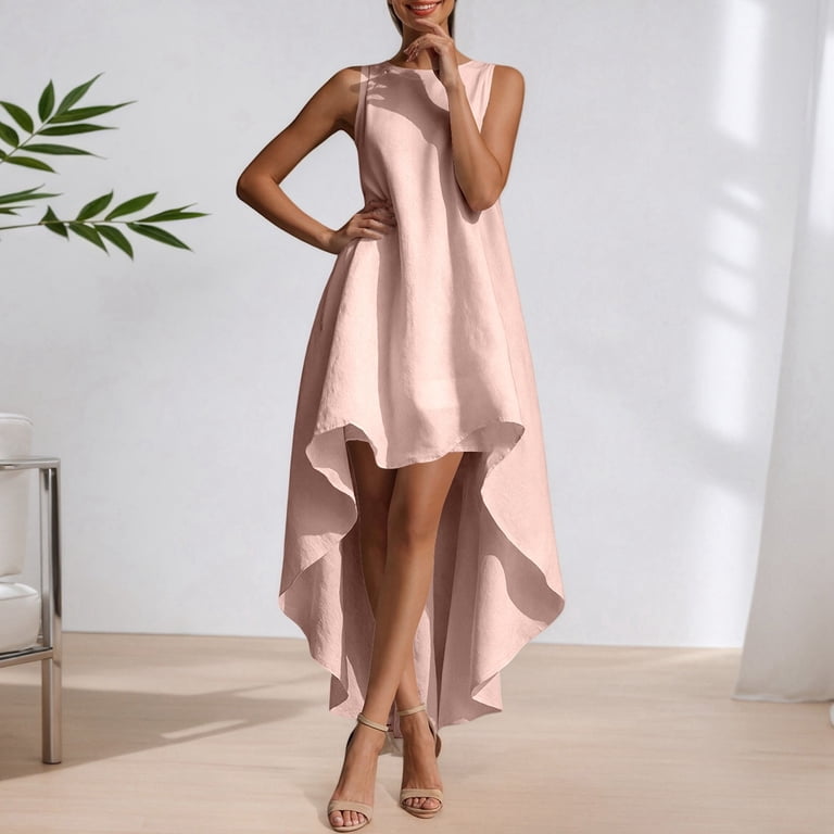 dresses to wear as graduation guest Cuzibr Wedding For Women Solid Color Sleeveless Crewneck A-Line Ruched Ruffles High-Low Casual Irregular Dress Slim Fit Palm Beach