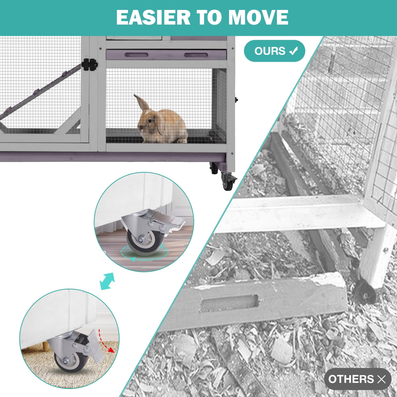 Aivituvin Wooden Rabbit Cage on Wheels Indoor Rabbit Hutch for 2-4 Rabbit Guinea Pig Bunny Small Animal Cage with Leakproof Tray Chewproof Ramp Gray