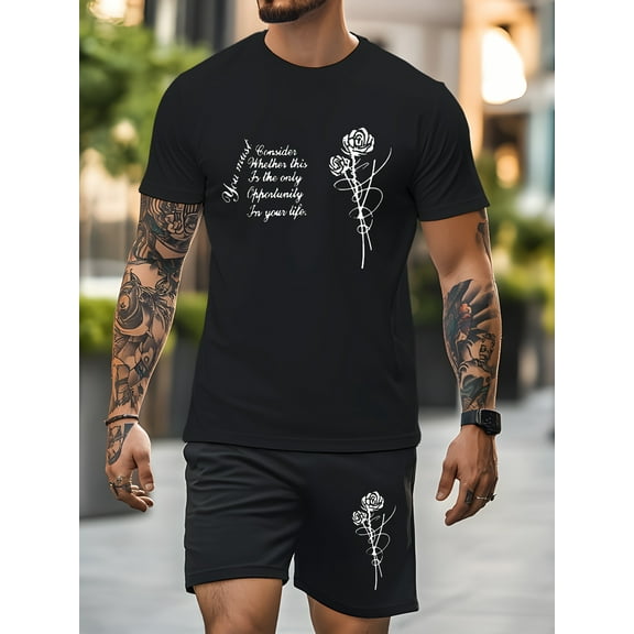 Mens Short Sets 2 Piece Outfits Summer Casual 3D Rose Printed Graphic T Shirts and Shorts Tracksuit Sets with Pockets Black S