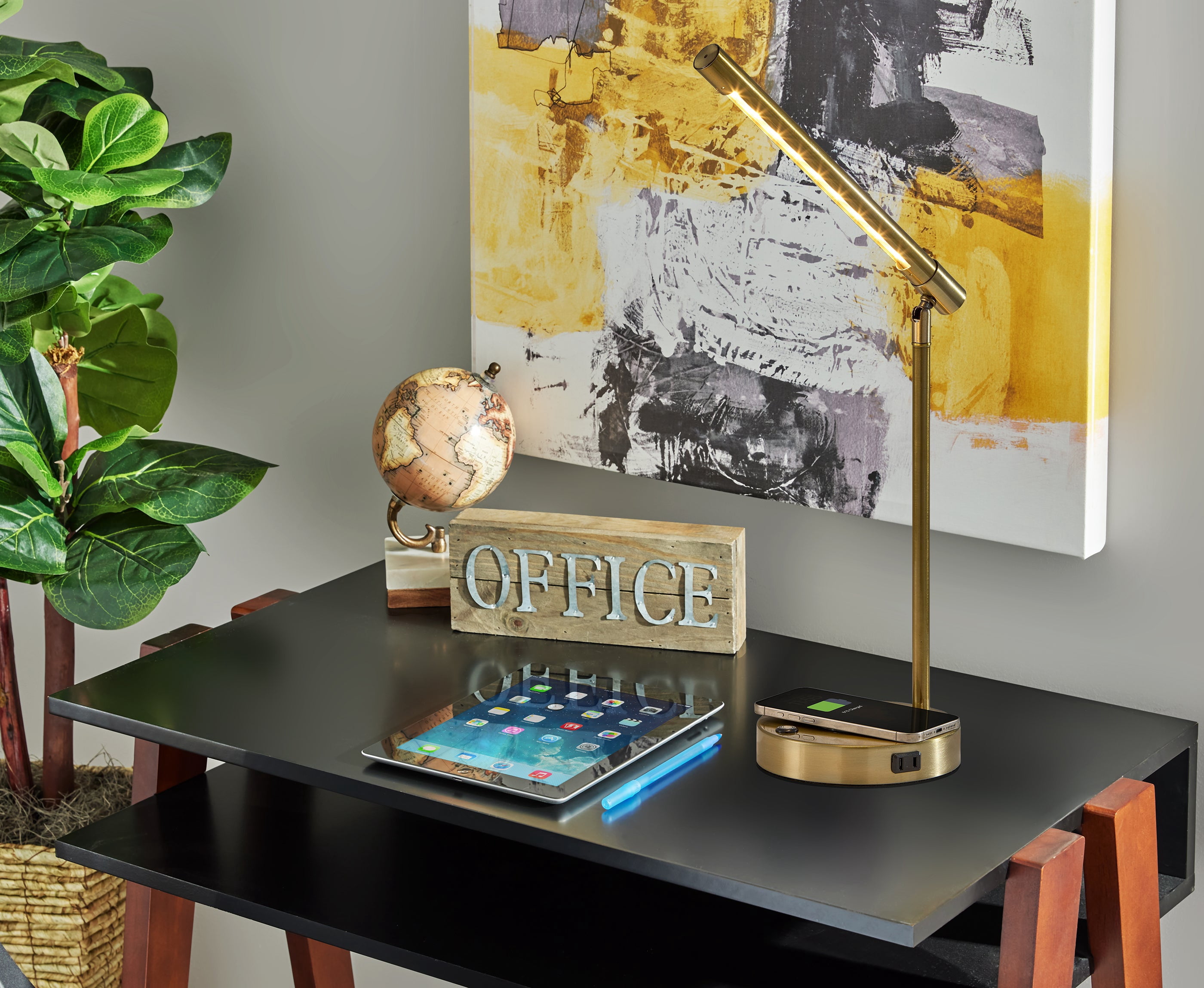 Adesso Dax 16-24" Wireless Charging AC Outlet & USB Port Touch Dimmer LED Brass Desk Lamp