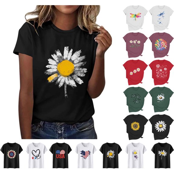 Women's T Shirts Print Summer Casual Short Sleeve Crew Neck Pullover Tops Loungewear Holiday Going out Shirts, Gifts for Her