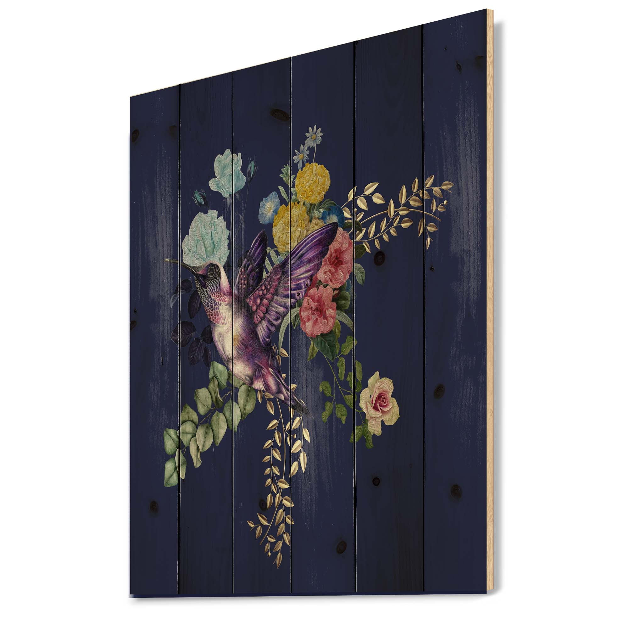 Designart 'Little Bird Sitting On Colourful Bouquet Of Wildflowers I' Traditional Print on Natural Pine Wood