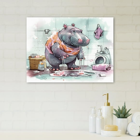 Designart Hippopotamus Animal Wall art, Hippo in the Bathroom Grey I , Hippo Bathroom Wall art decor, Grey Modern Canvas wall art, 32x16 inches