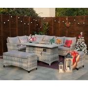 Direct Wicker 5-Piece Outdoor Patio Furniture Sofa Set with Fire Pit Table, PE Wicker Conversation Set with Gray Cushions