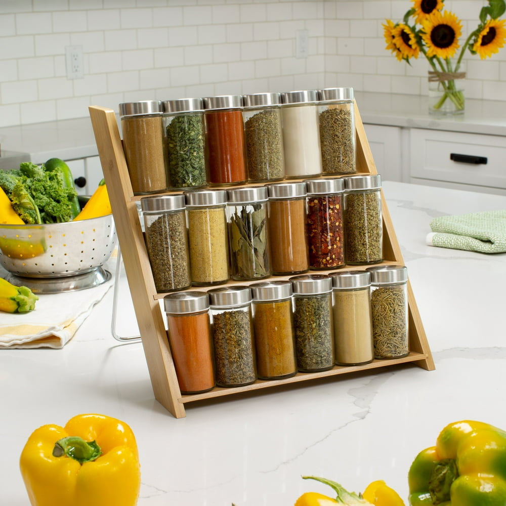 Orii 18 Jar Bamboo Drawer + Over Counter Spice Rack Fillled with Spices