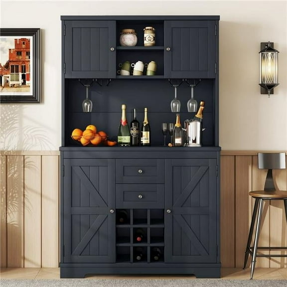 Liveditor QWE-WBWB04564 Antique Blue Farmhouse Wine Cabinet - Coffee Bar Storage with Glass Racks