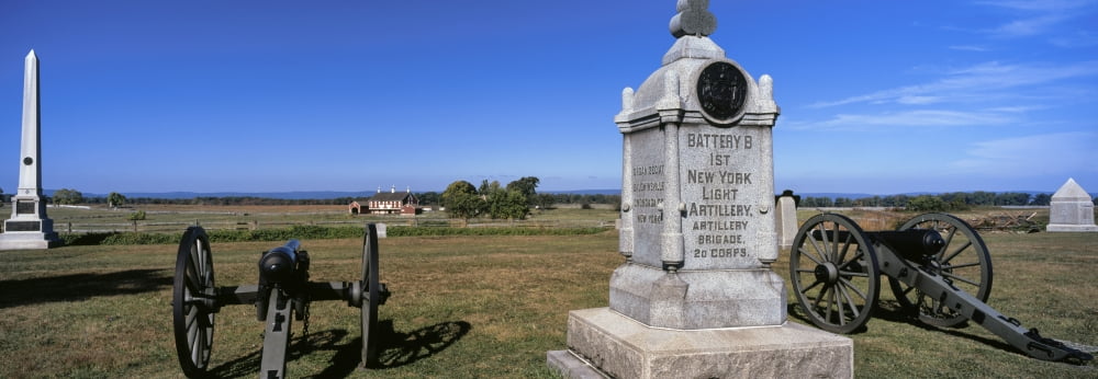 Monument to Battery B First New York Light Artillery with 1st Minnesota Infantry Monument in background Gettysburg National Military Park Gettysburg Pennsylvania USA Canvas Art - Panoramic Images (7 x