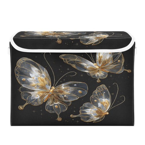 WOBOGO Gold Transparent Butterfly Large Collapsible Storage Box Flip Lid Fabric Decorative Organizer Container Basket with Handles 16.5×12.6×11.8in