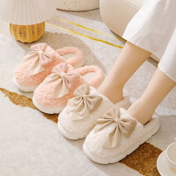 Pantuflas de algodón con lazo para mujer, lindas, para el hogar, con fondo grueso, forro polar, cálidas, para confinamiento, pantuflas de felpa a prueba de frío