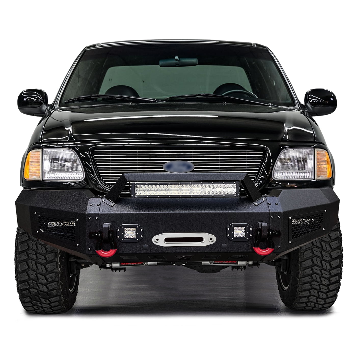 Vijay Compatible with 1997-1998-1999-2000-2001-2002-2003 Ford F150 Front and Rear Bumper Textured Black Steel with Light and D-ring