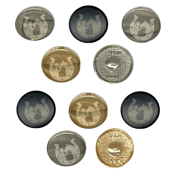 Horseshoe Horse and Girl Set of 10 Metal 0.6" (15mm) Sewing Shank Round Buttons - Gold Color