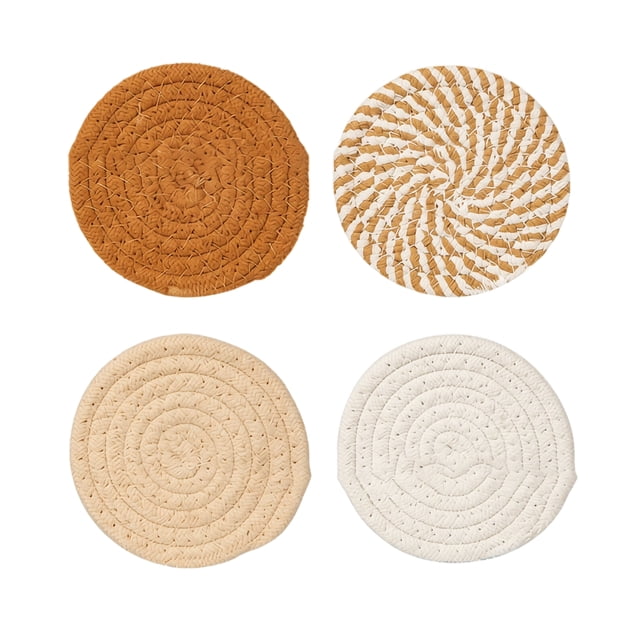 Anmrize 4Pcs Solid Braided Coaster, Natural Fiber Cup Mat, Plain Woven Drink Coaster, Rustic Table Accessory, Heat Resistant Cup Pad, Solid Natural Woven Round Coaster, Farmhouse Drink Pad, A