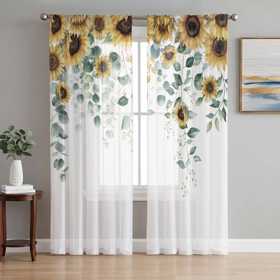 Sunflower Sheer Curtains 72 Inch Length 2 Panels Set Window Treatments, Yellow Floral Eucalyptus Leaves Watercolor Rod Pocket Semi Curtains for Living Room/Bedroom/Kitchen Décor, 104"W x 72"L
