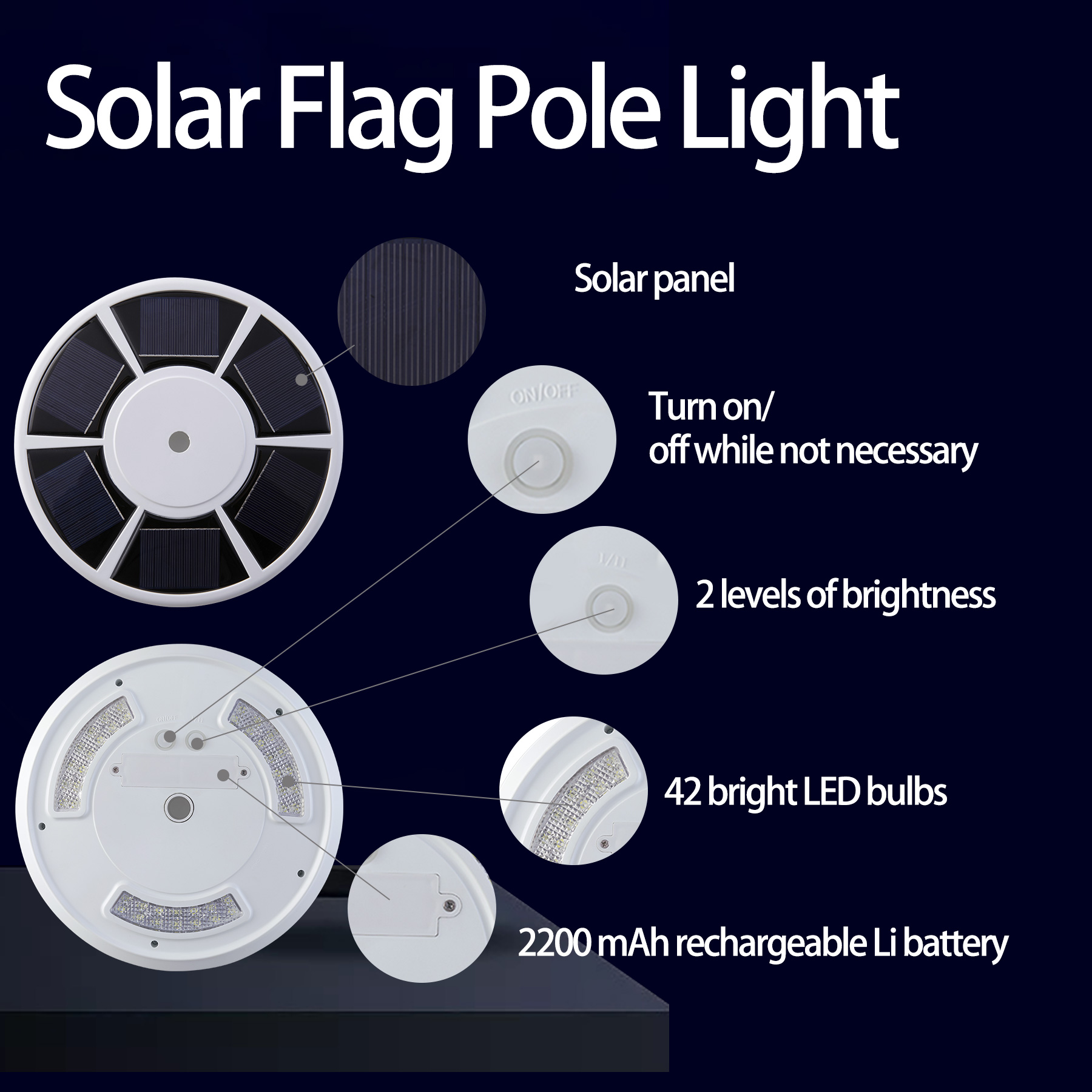 Wayshire 42 LED Solar Flagpole Light Auto On/Off Light Solar Powered Downlight Lighting, Solar Lights Poles - image 2 of 9