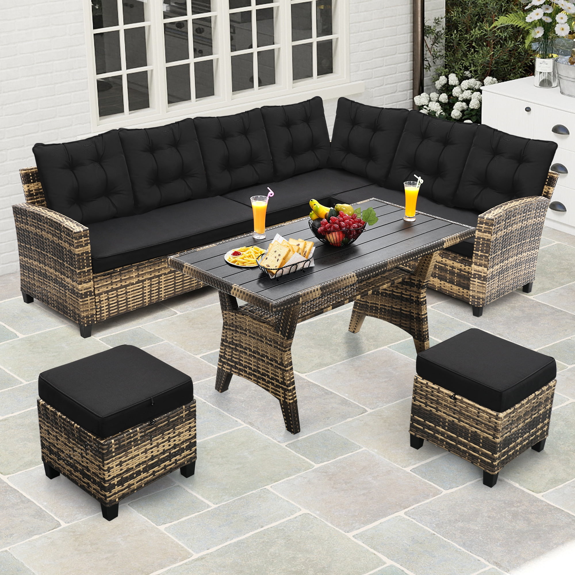 LOGYAT 6 Piece All Weather Outdoor Sectional Set, with 2 Sofas, 2 Ottomans with 1 Table, Patio Conversation Furniture for Deck, Garden, Natural Wicker and Black Cushions