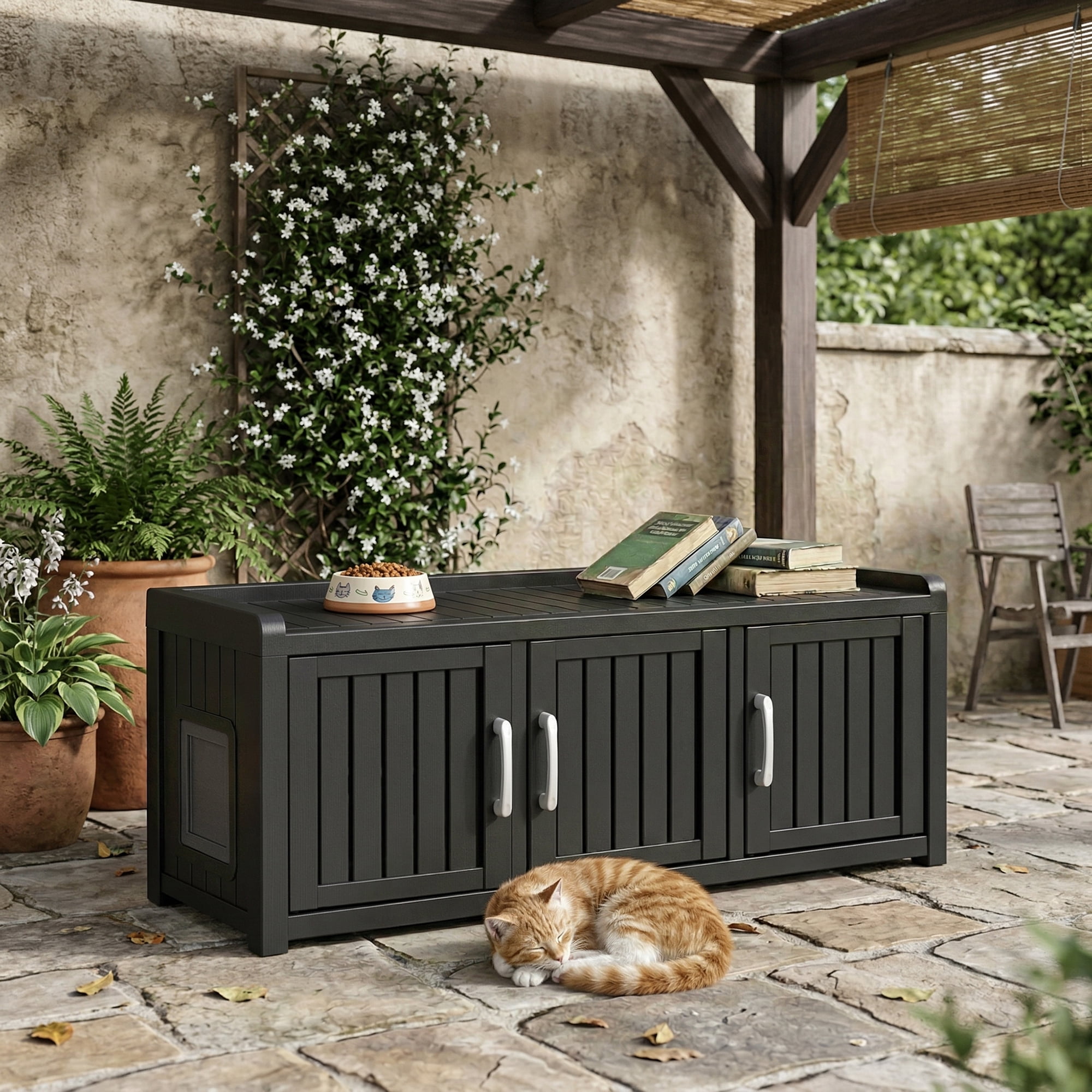 fazzn 2-in-1 Outdoor Cat House & Storage Cabinet, Weatherproof Litter Box Enclosure with Cat Door, Durable Resin Pet Shelter for Indoor, Easy Assembly.(Black),Father's Day Gift