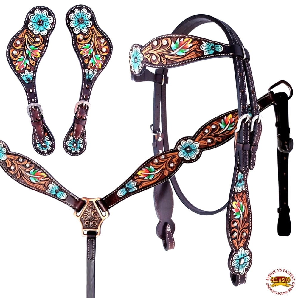Hilason Western Horse Headstall Breast Collar Spur Strap Leather Floral