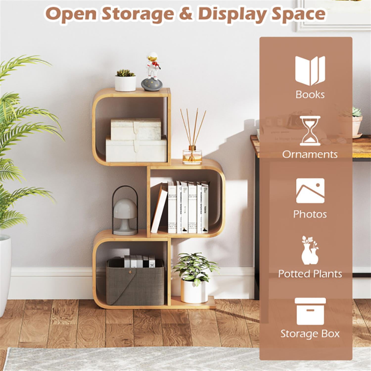 Demi Bonn Bookshelves and Organizer Open Cube Display Storage Shelves, 3-Tier S-Shaped Bookcase Home Decor Furniture for Living Room, Beige