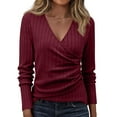 thumbnail image 2 of Long Sleeve Shirts for Women Sexy Sweater V Neck Ribbed Knit Slim Fit Wrap Top 2026 Fall Casual Fashion Clothes Wine S, 2 of 5