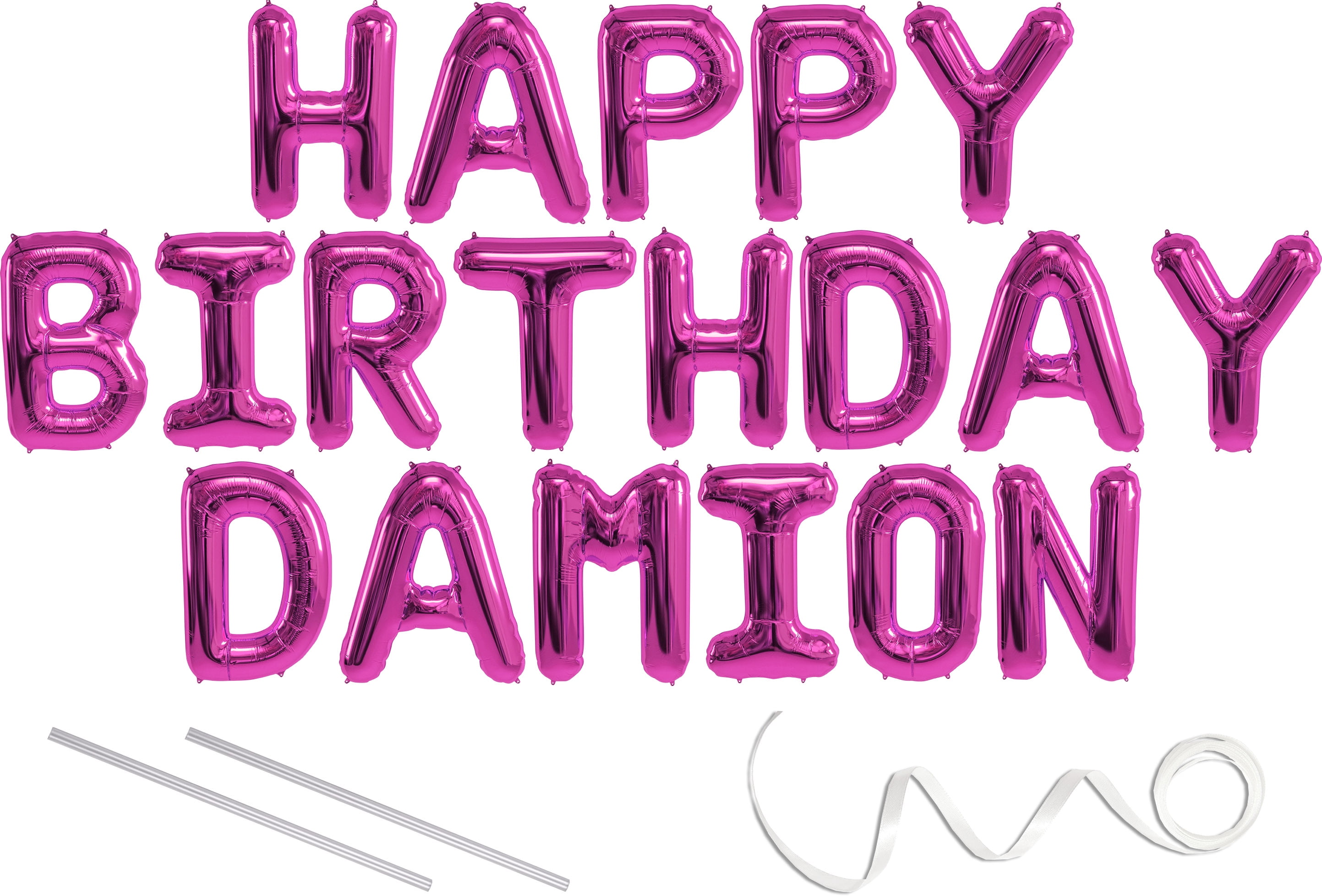 Damion, Happy Birthday Mylar Balloon Banner - Pink - 16 inch Letters