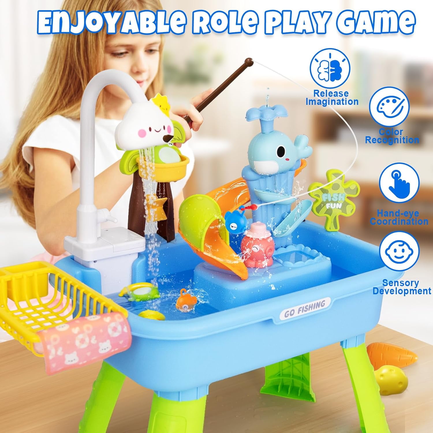 LINXUXIE 4-in-1 Toddler Sand Water Table, Kitchen Play Sink Toys with Electric Water Pump, Birthday Gifts for Kids 3-5 5-8 Year Old