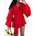 thumbnail image 3 of Women'S Layered Bell Sleeve Tie Neck Mini Dresses Ruffle Belted Tunic Dress Red L, 3 of 7