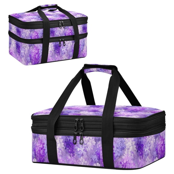 Large Double Decker Insulated Casserole Carrier Expandable 2-Layer Thermal Food Tote Bag Lilac Purple Floral Pattern Hot Cold Pizza Lasagna Holder for Potluck Picnic Party Camping