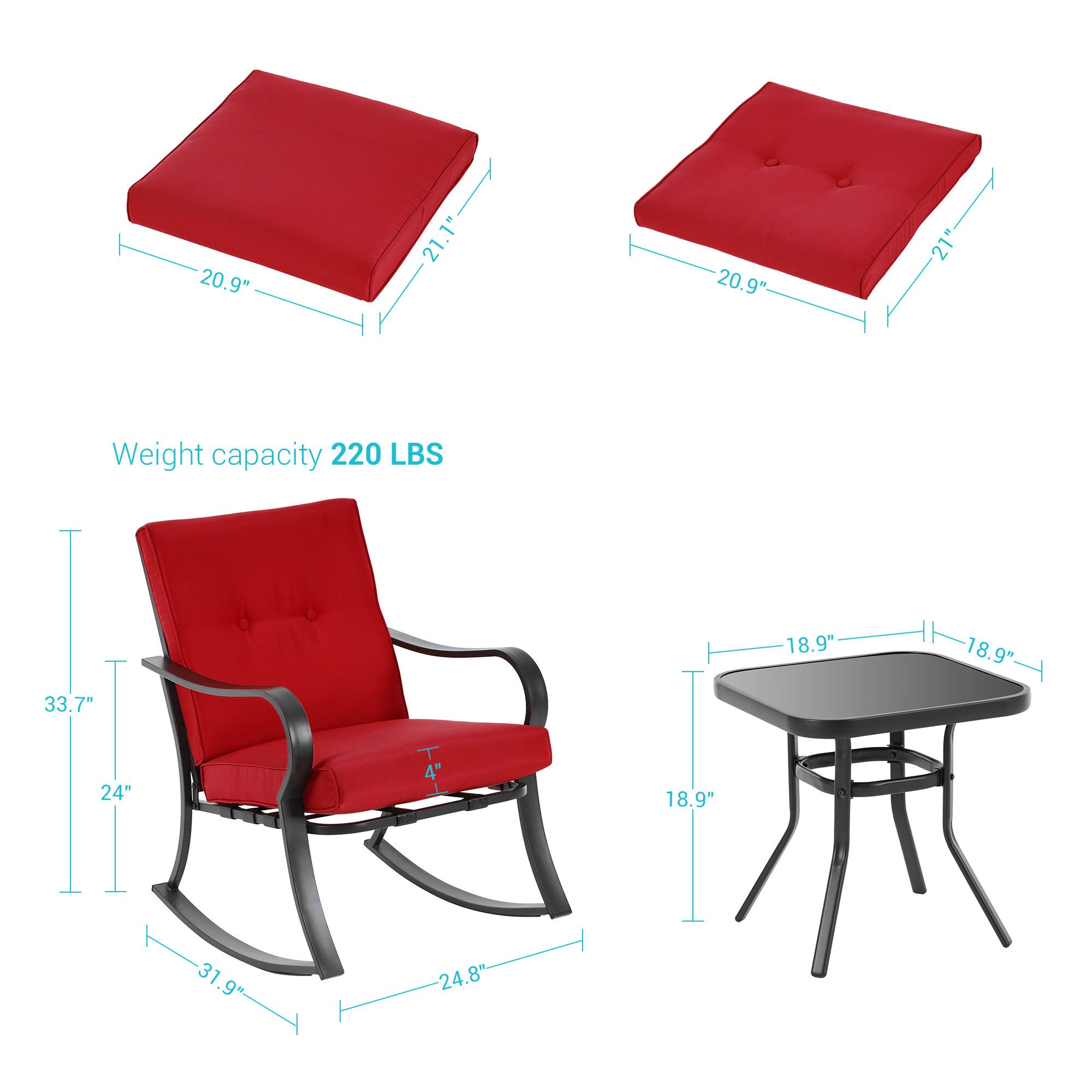CHYVARY 3 Pcs Outdoor Patio Steel Lounge 2 Rocking Soft Chair Sets with Tempered Glass Table for Patio and Garden,Red - image 2 of 8