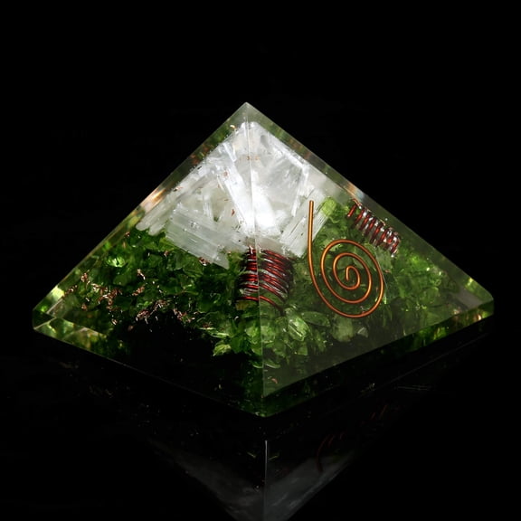 Peridot and Selenite Crystal Orgone Pyramid EMF Protection Meditation Energy Generator