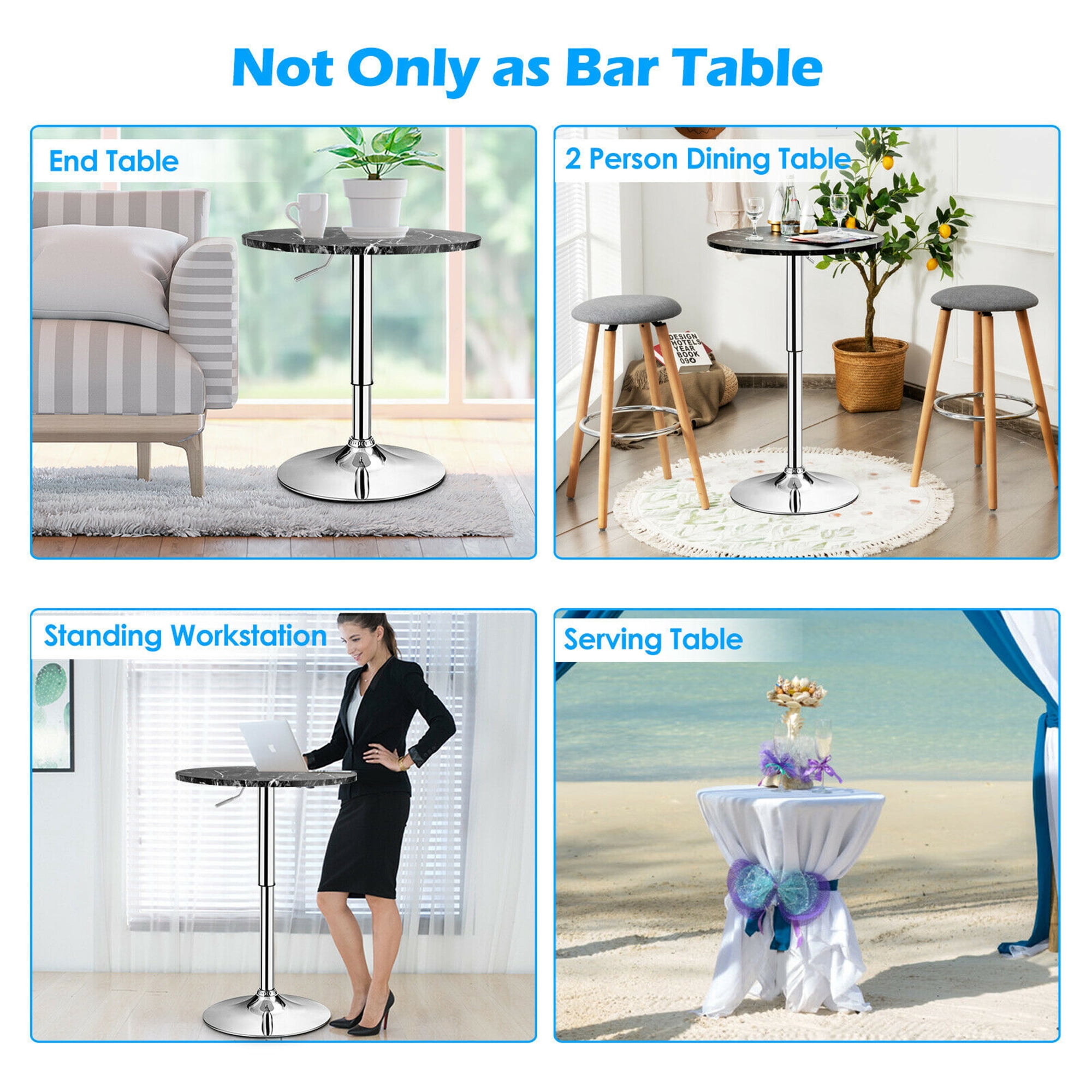 Gymax Round Swivel Adjustable Bar Table with Faux Marble Top, Black