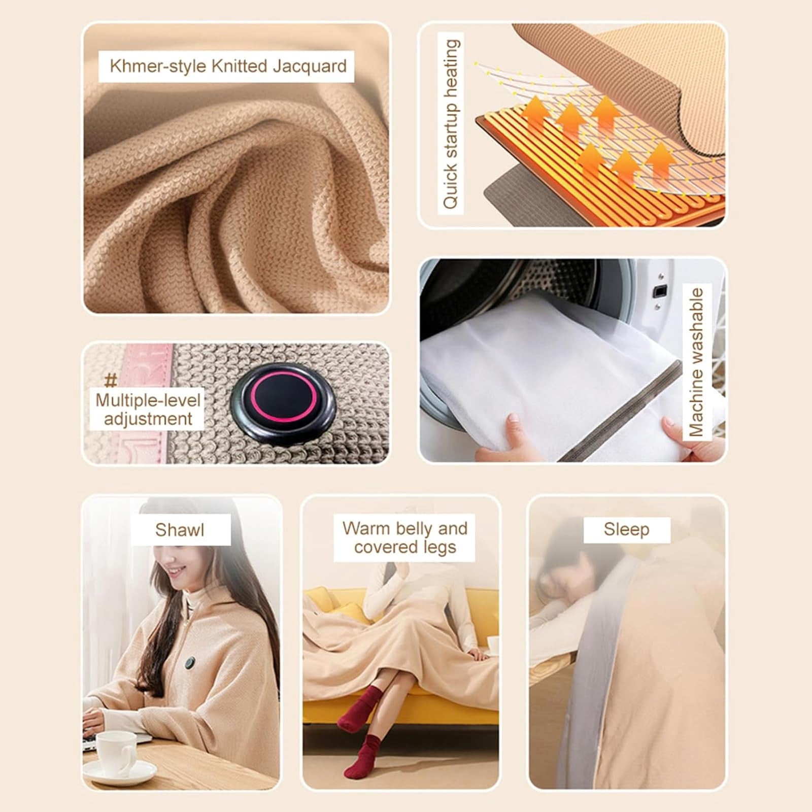 Lwlmwt USB Electric Heated Shawl Portable Heated Blanket with Zipper Adjustable Temperature Machine Washable Ideal for Outdoor, Car and Travel