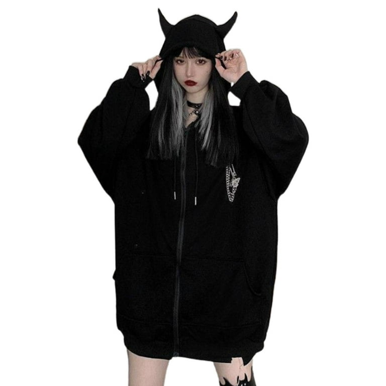 Leimezsty Women Gothic Punk Black Long Sleeve Hoodies for Jacket Harajuku Devil Horns Zip Up Sweatshirt Coat Hip Hop Oversized Loose Outwear Plus Size