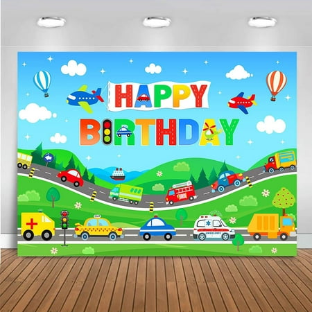 Transportation Birthday Backdrop for Boys Kids Birthday Party Decorations Train Planes Car Vehicle Birthday Decorations Photography Background Banner Photo Booth Props