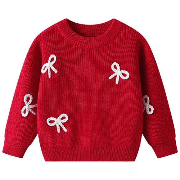 WUANDIXFA Baby Christmas Sweater Boys Hand Embroidered Bowknot Baby Base Knitted Sweater Birthday Children Sweater Red,3-4 Years