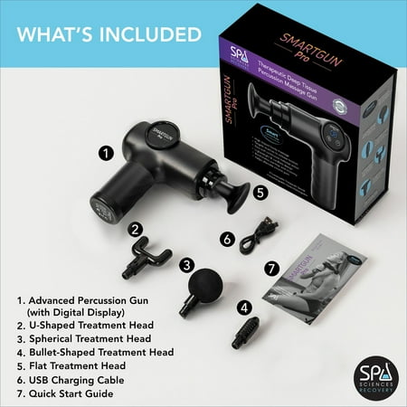 Spa Sciences SMARTGUN Massage Gun, Pro Therapeutic with 4 Heads, 8 Speed, Rechargeable, Black