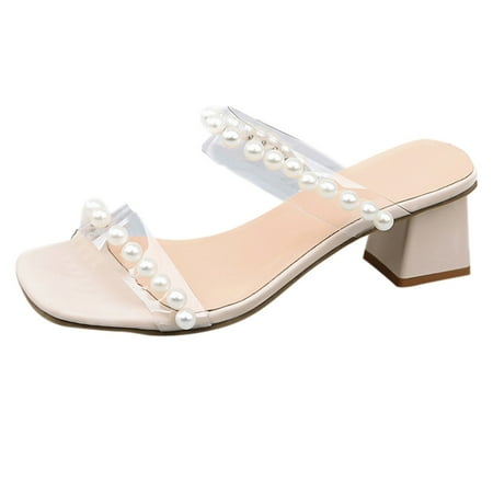

Luiyenes Clear Shoes Heel Tape Pearl Slip-on Ladies Sandal Fashionsquare High Toe Women s sandals