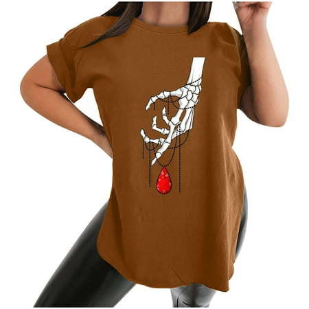 

Bospose O-Neck Shirt For Women Women Short Sleeve Shirt Corset Top Brown Top Fashion Retro Casual Slit Print T-Shirt Top Lady Retro Slit T-Shirt Top Xxl
