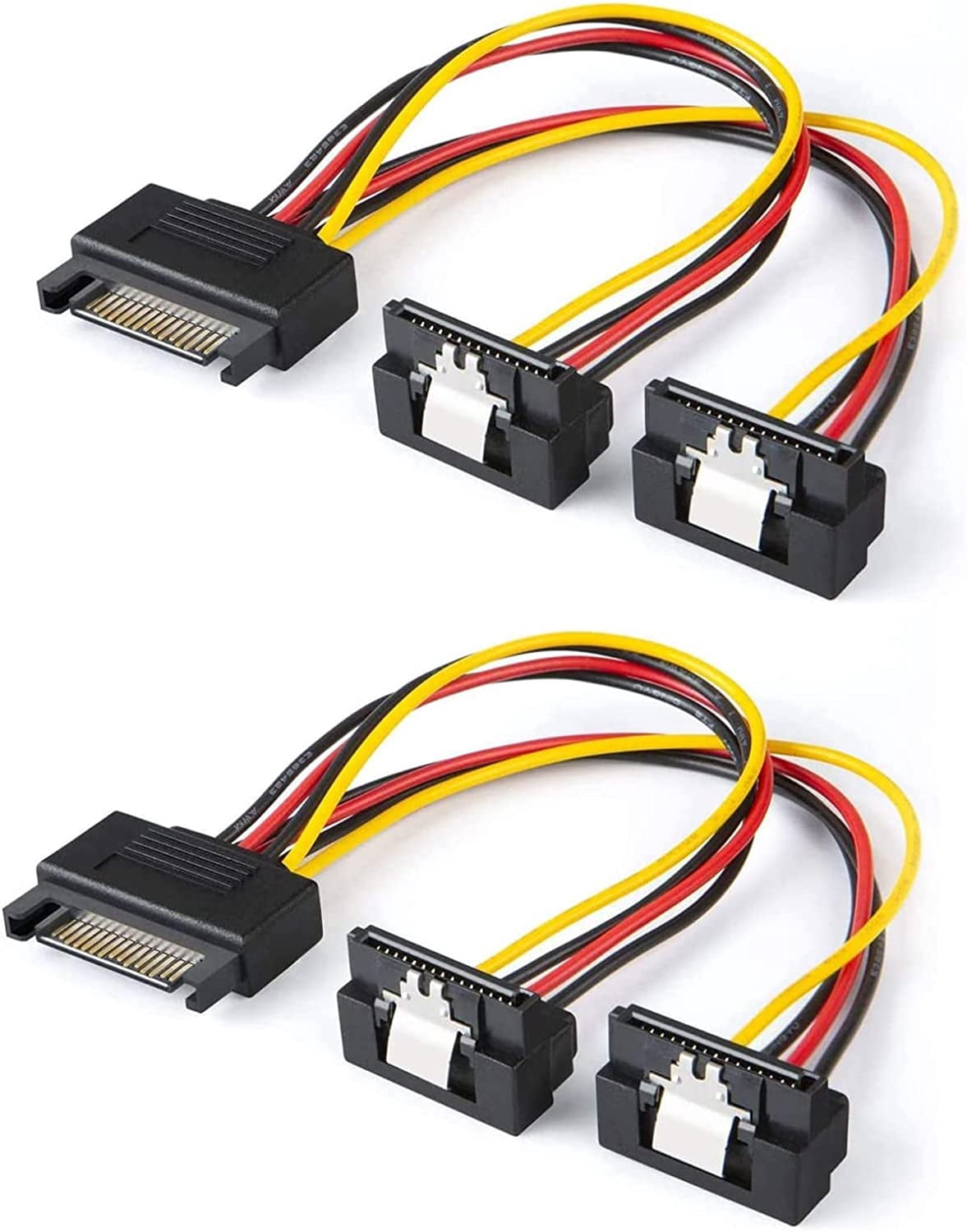 HRTGFD-SATA Power Cable, [2-Pack] 6-Inch SATA 15 Pin Male to 2xSATA 15 Pin Down Angle Female Power Splitter Cable