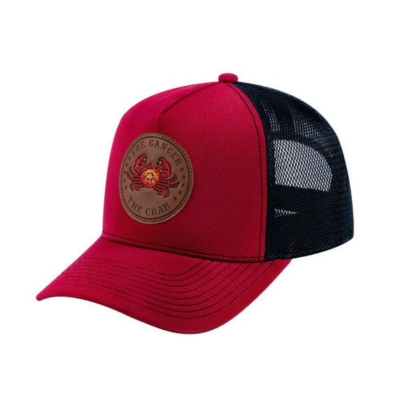 Unisex V2 Embroidered And Laser-Engraved Cancer Zodiac (June 21, July 22), 5-Panel Trucker Hat, Burgundy/Black, Adjustable Fit