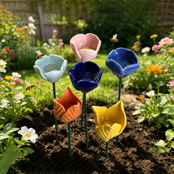 Lethargic Bird Baths for Outdoors, Ceramic Colorful Flower Bee Water Feeder & Butterfly Bird Bath, 6-Piece Height 7.87 in Diameter 1.97 in for Outdoor Yard Lawn Decoration