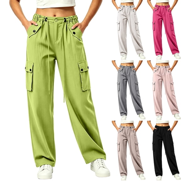 Thousandth Women Cargo Wide Leg Pants Casual Elastic Waist Drawstring High Waist Trousers Multi Pockets Loose Fit Streetwear Long Pants